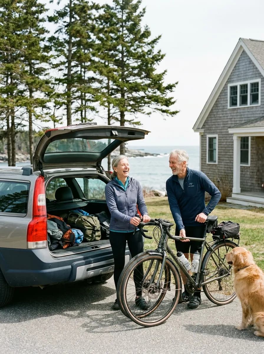 A couple in their sixties loading gravel bikes into an estate car on the Maine coast