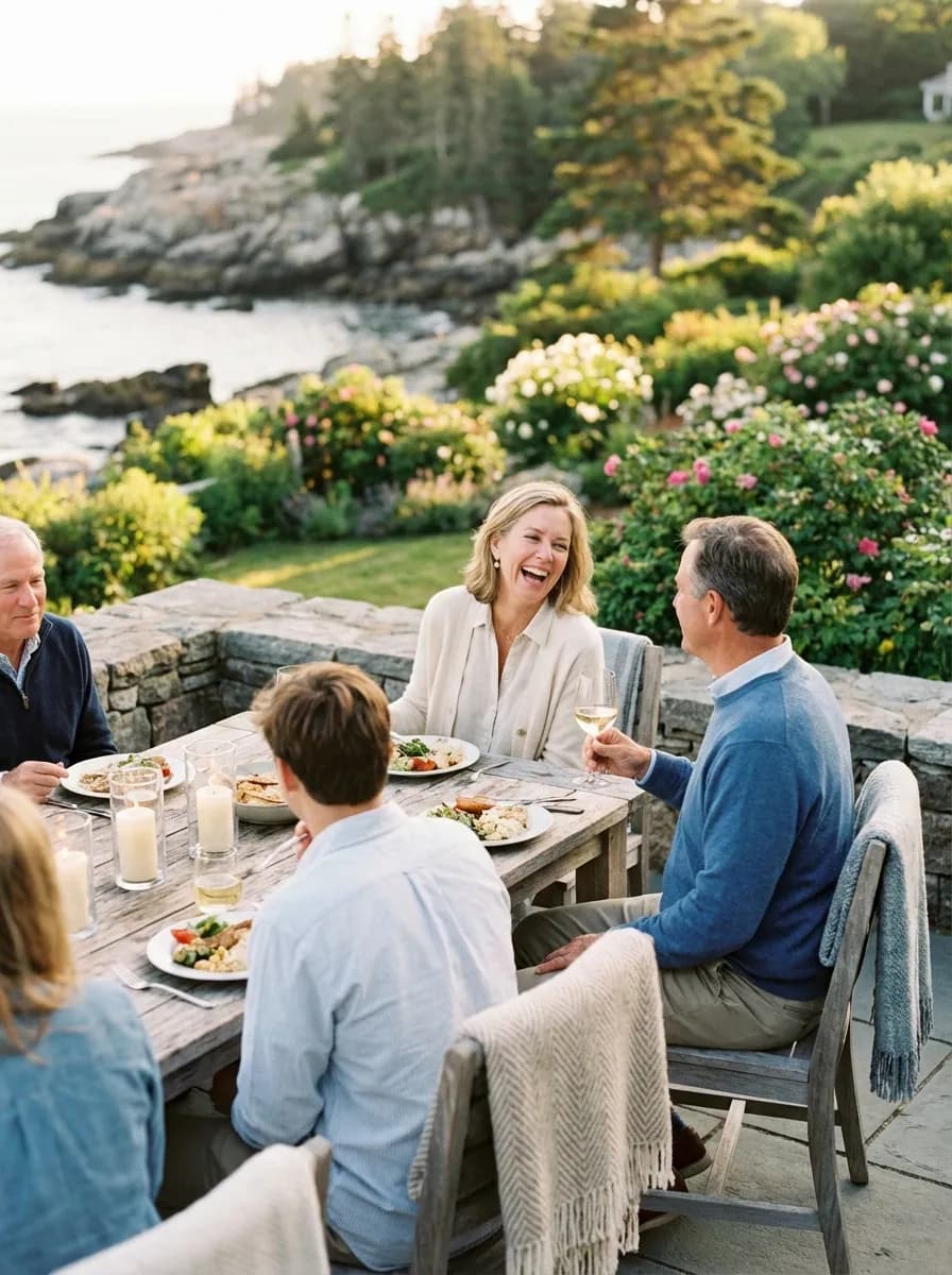 Friends sharing a long table on a stone terrace above the water