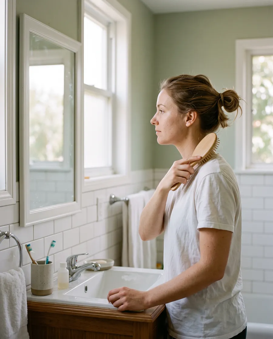 A woman in her late twenties getting ready at a bathroom mirror in morning light
