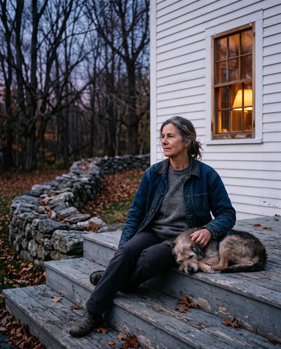 A woman in her fifties sitting on the back steps of a New England house at dusk with an old dog