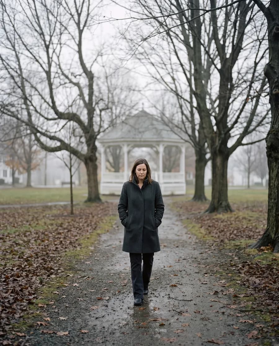 A woman in her forties crossing a town green on a foggy autumn afternoon