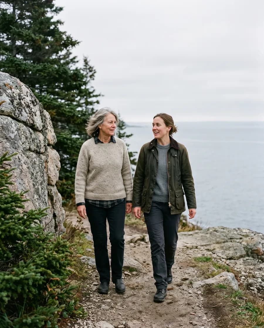 A woman in her sixties walking a coastal path with her adult daughter