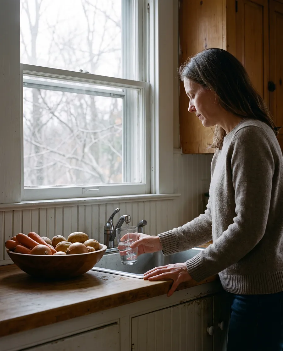 A woman filling a glass at a farmhouse kitchen sink on a winter morning
