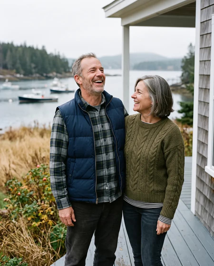A couple in their fifties standing together on a porch above a Maine cove