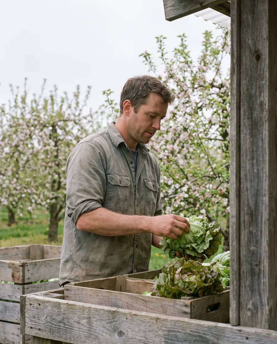 A man choosing greens at an outdoor farm stand under an orchard in bloom