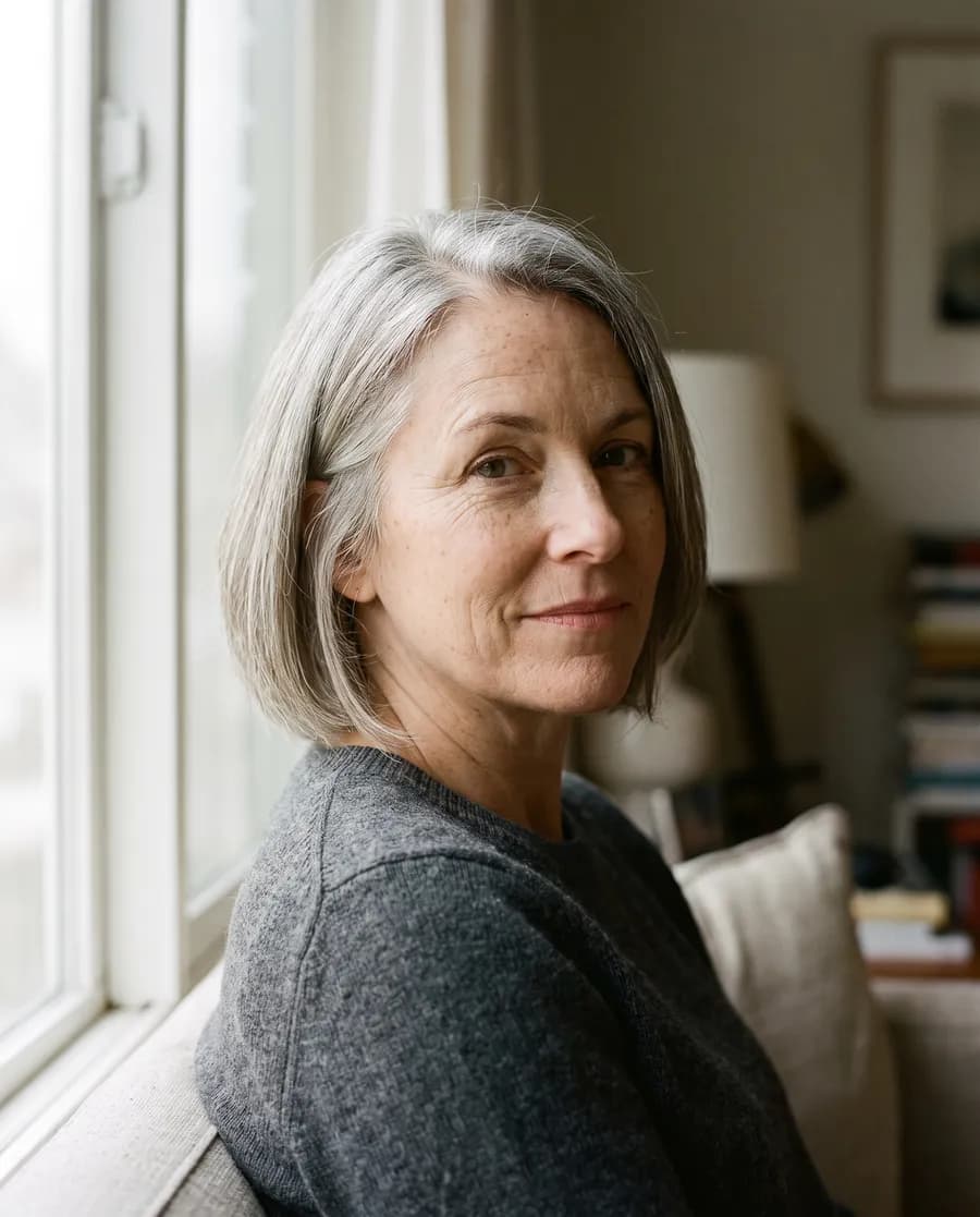 A woman in her early fifties sitting by a window in diffused morning light