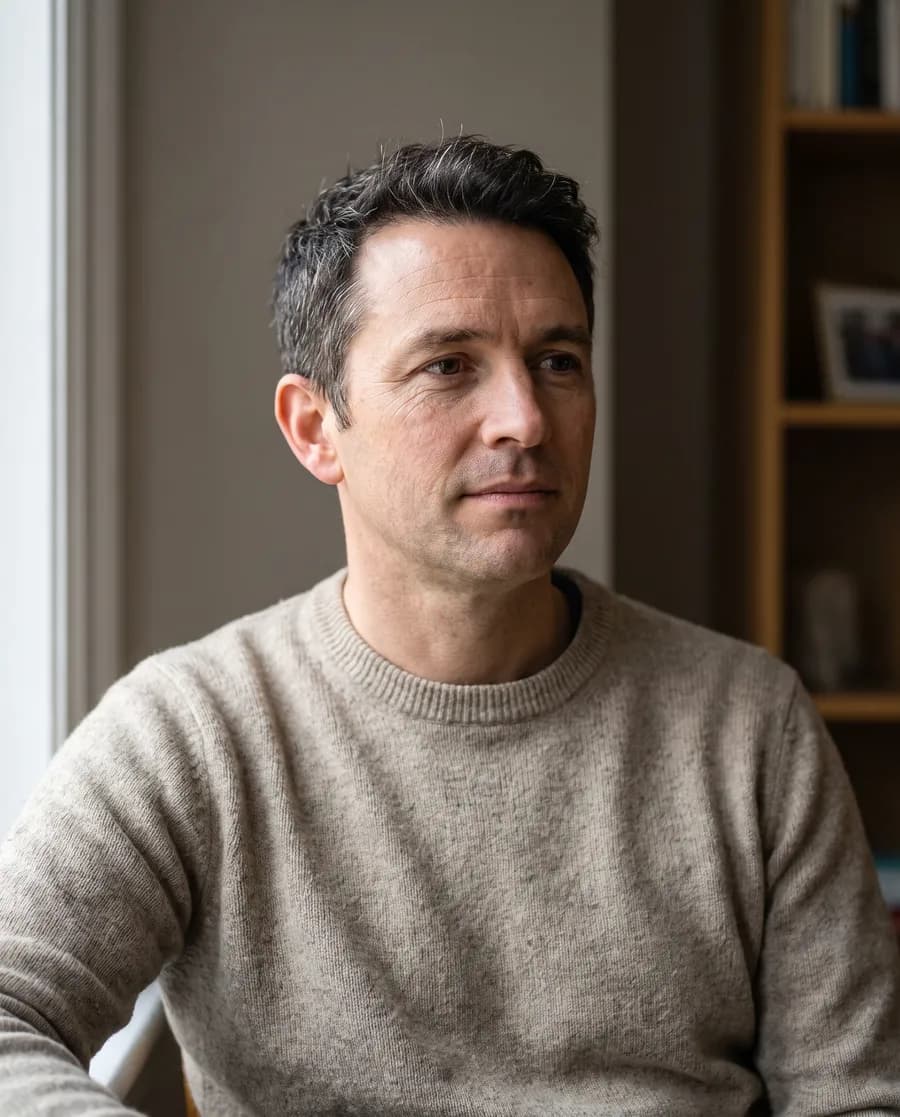 A man in his forties in soft window light