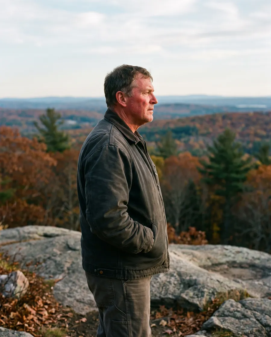 A man in his late fifties standing on a granite ledge above autumn woodland