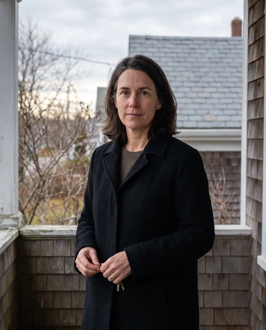 A woman in her late forties on a porch in the late afternoon
