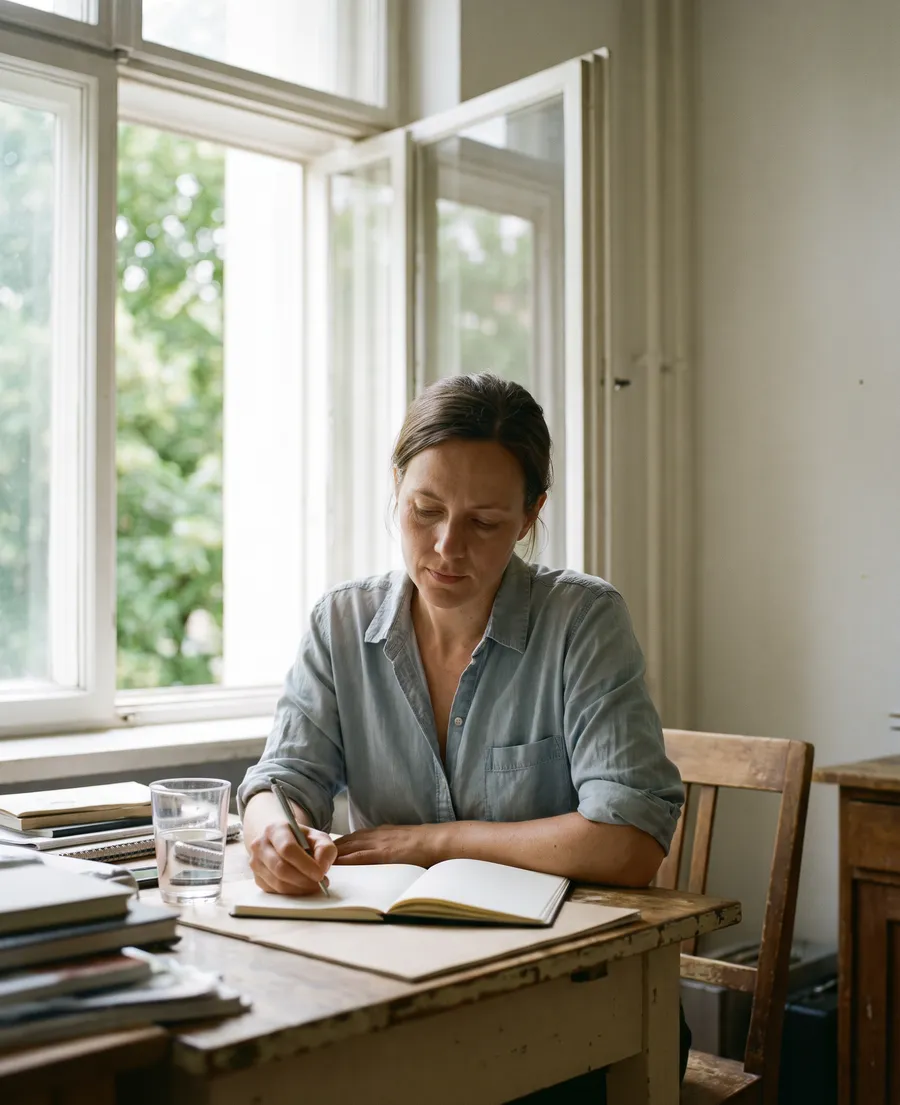 A woman working at a home desk beside an open window