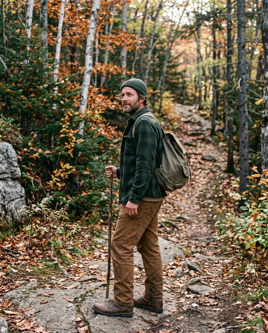 A hiker pausing at the edge of a New England woodland trail in autumn