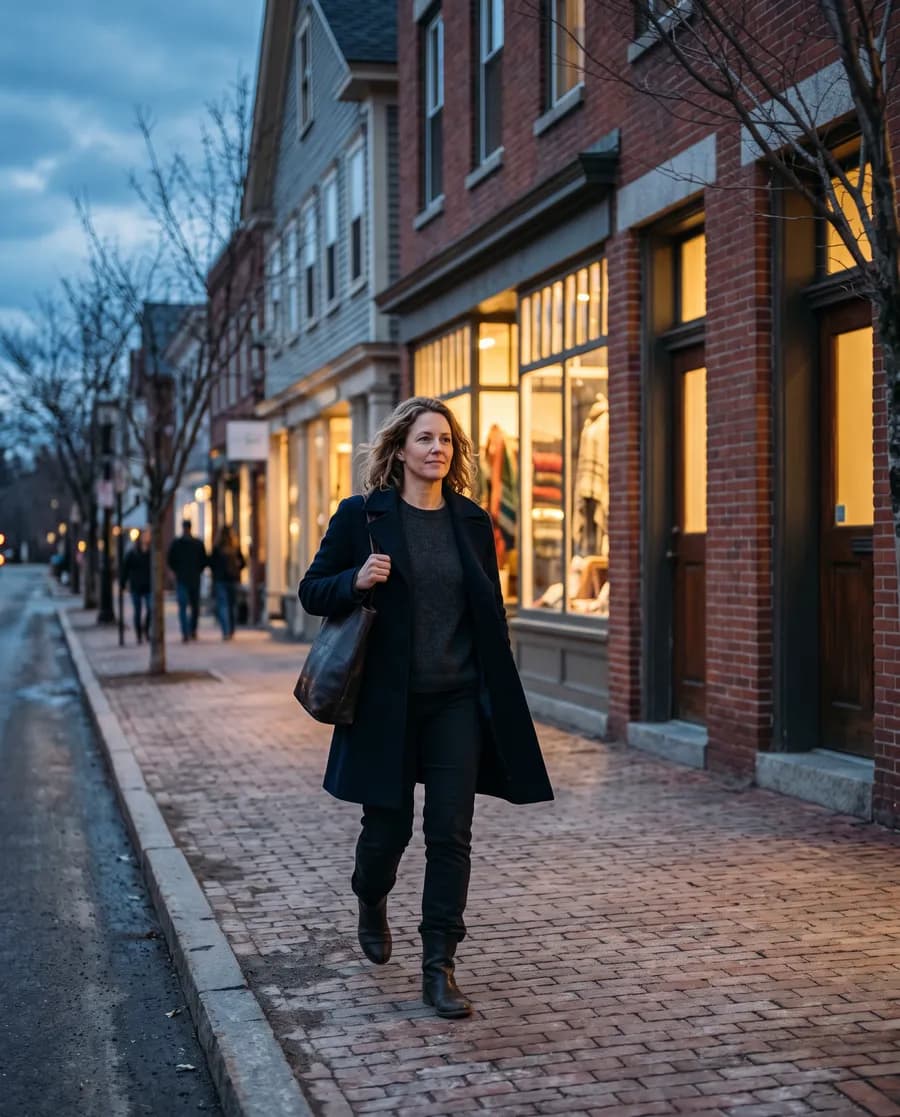 A woman in her forties walking a small town sidewalk in the early evening