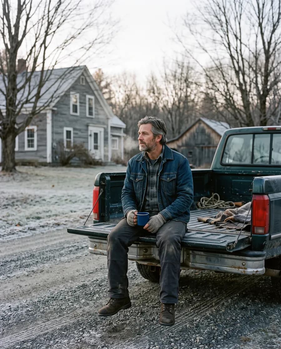 A man in his late forties sitting on the tailgate of a pickup truck with a mug of coffee on a frosty morning