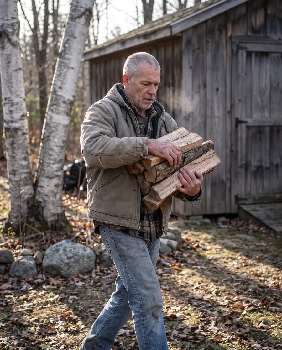 A man in his sixties carrying an armload of split firewood across a yard