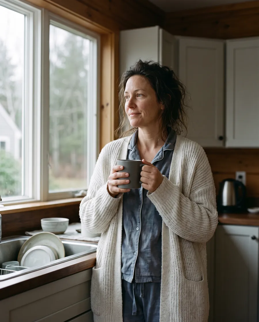 A woman at a kitchen window with a mug of coffee early in the morning