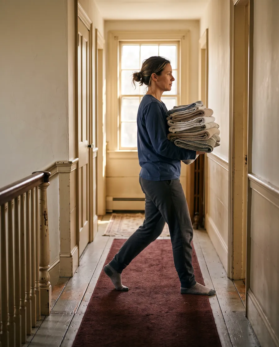 A woman in her forties carrying folded laundry along an upstairs hallway