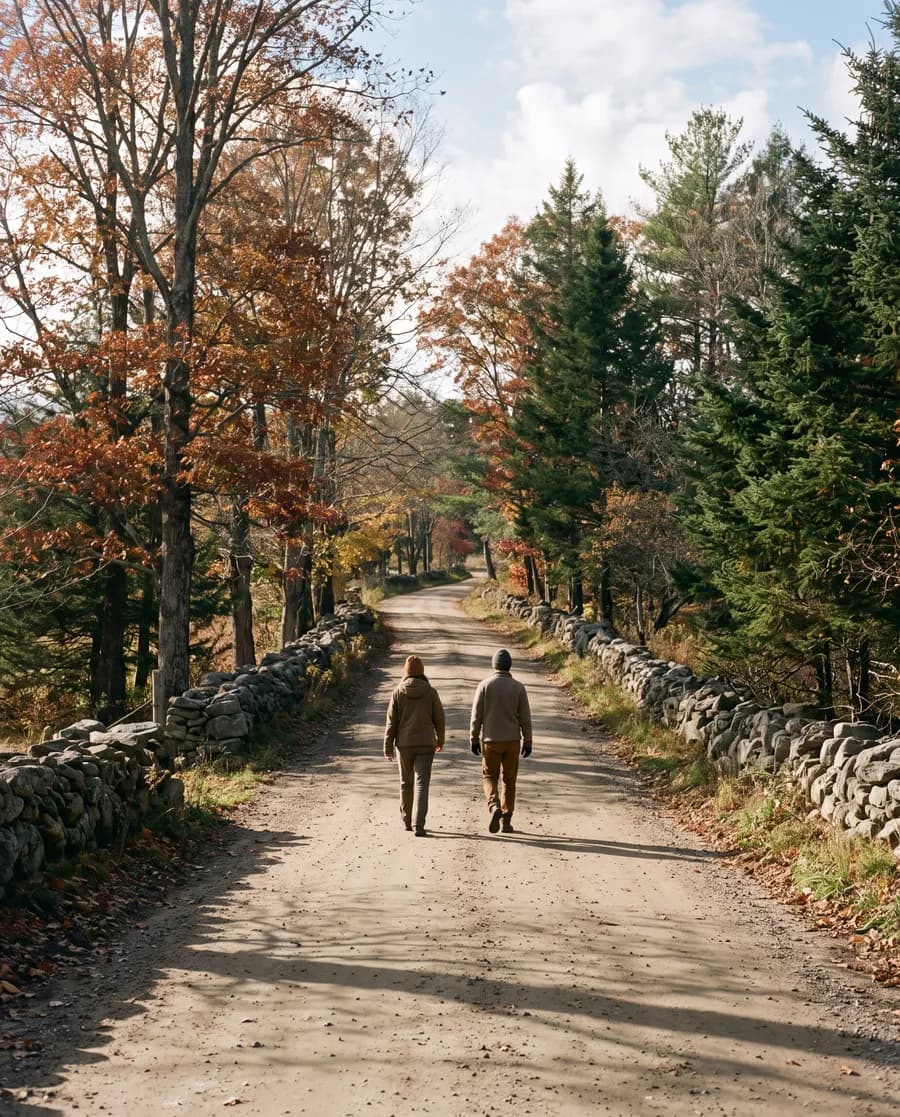 Two people walking a dirt country road between stone walls in autumn