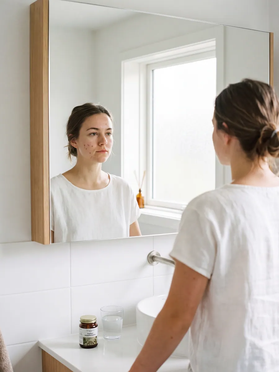 A young woman studying acne on her cheek in a bathroom mirror
