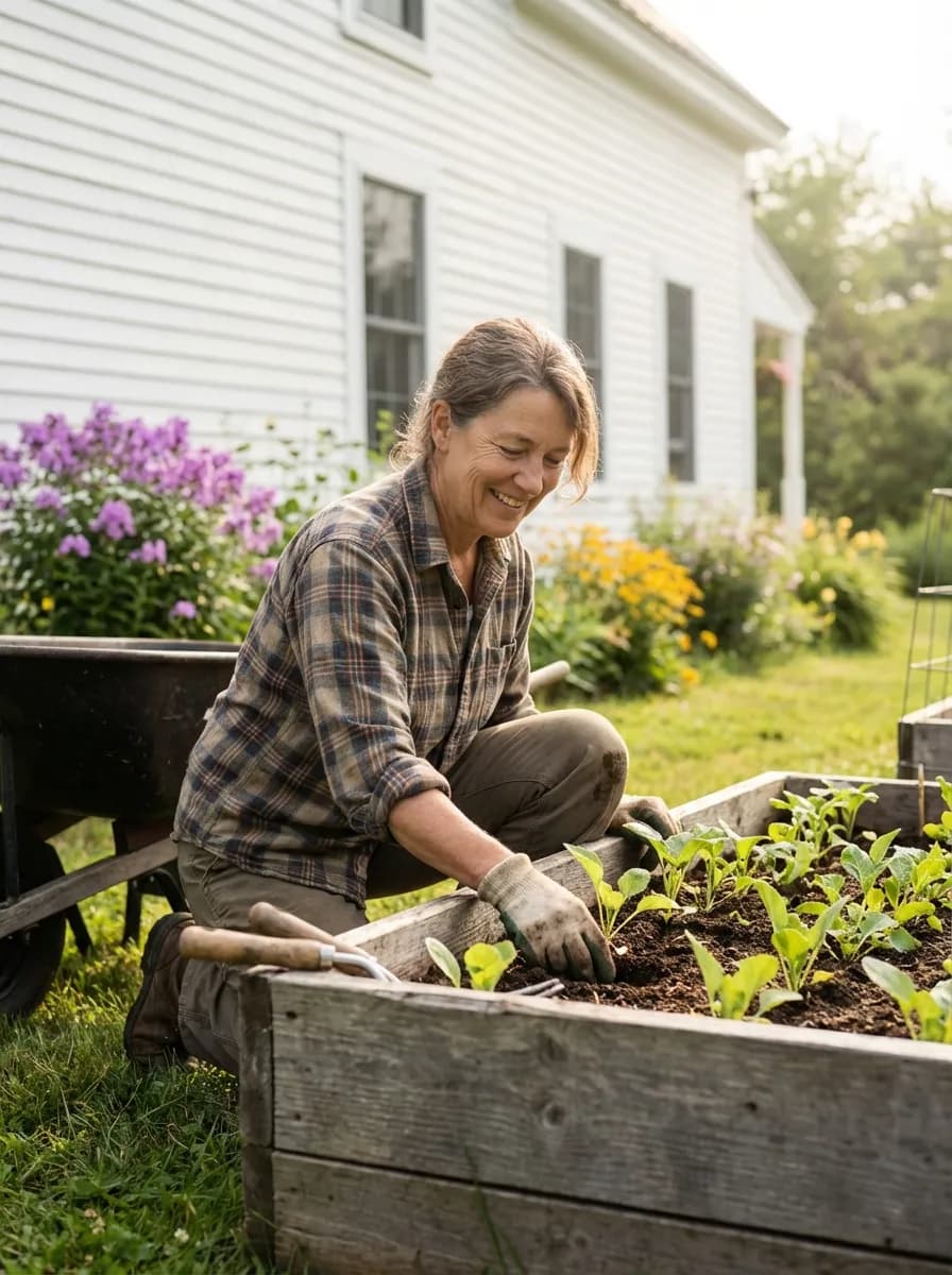 A woman kneeling and planting seedlings in a wooden raised garden bed