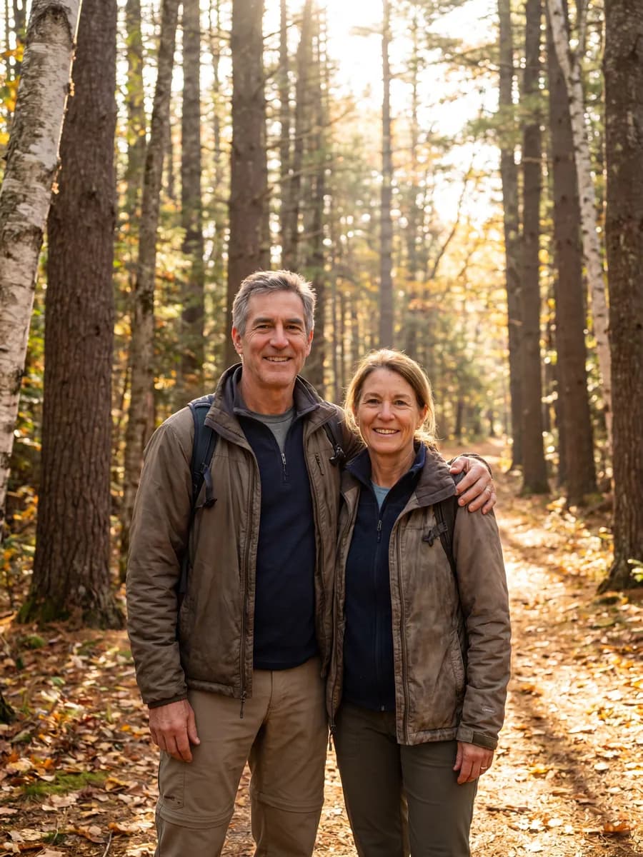 A couple smiling together in a sunlit autumn forest