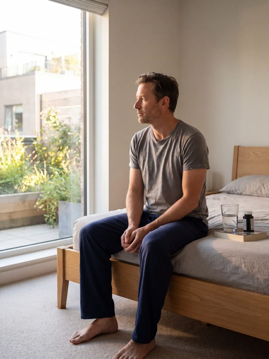A man sitting on the edge of a bed looking out a window, a water glass and pill bottle nearby
