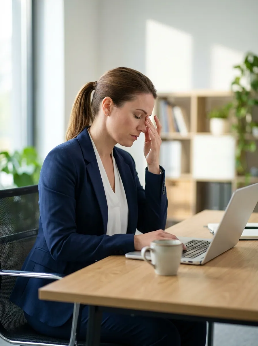 A woman in a blazer pinching the bridge of her nose at a laptop
