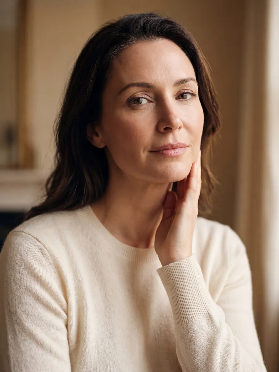 A close-up portrait of a woman touching her jawline in soft indoor light