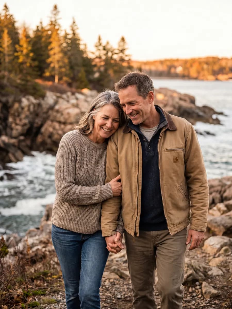 A smiling couple walking arm in arm along a rocky coastal shoreline
