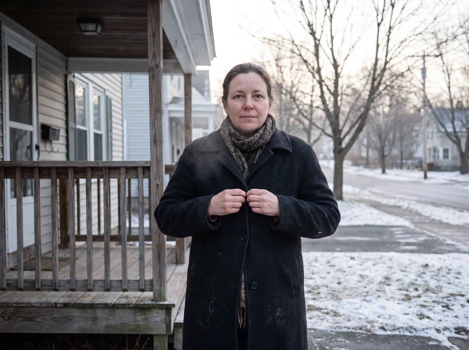 A woman buttoning a wool coat outside a clapboard house on a snowy morning