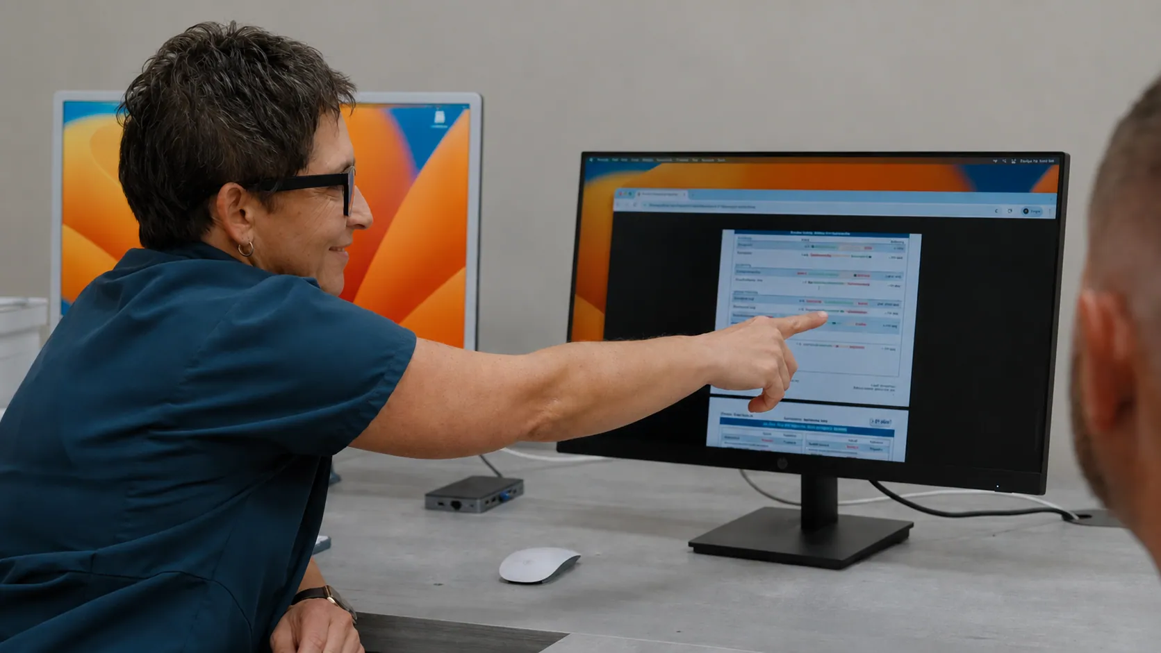 Med Matrix provider pointing at lab results on screen during a patient consultation