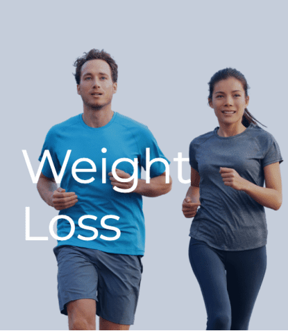 Two people jogging outdoors in athletic clothing with the words "Weight Loss" written over the image, highlighting how low energy treatment and an active lifestyle can support healthier living. in Portland Maine