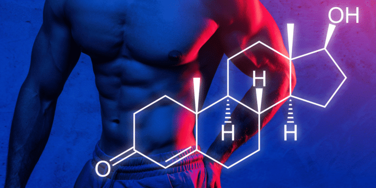 A muscular man's torso shown in blue and pink light, with a peptide structure diagram related to growth hormone production superimposed.