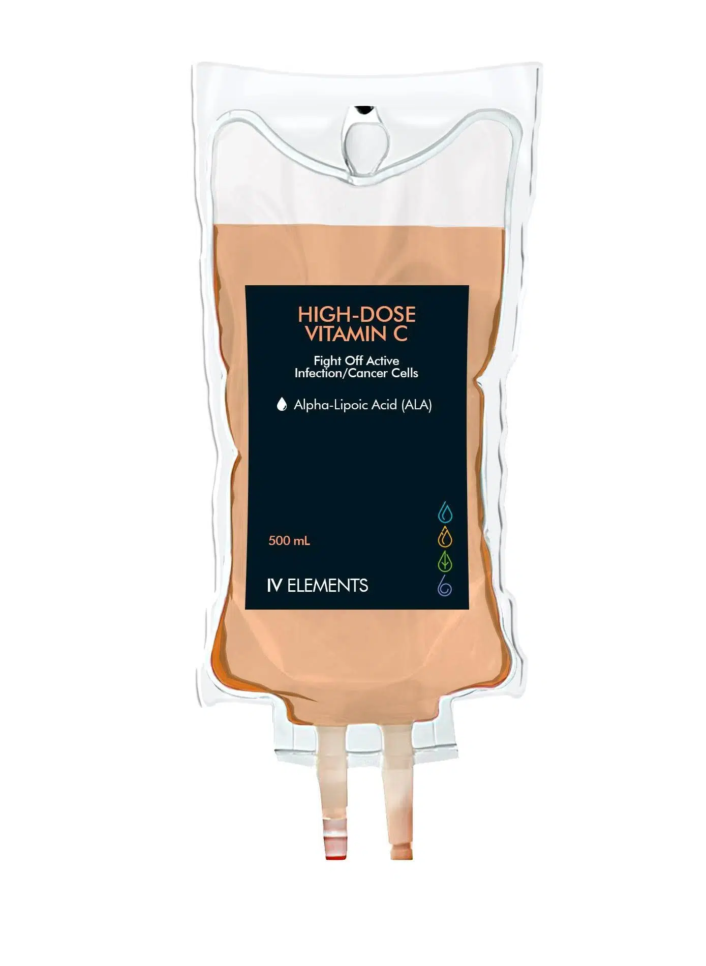 A 500 mL IV bag labeled "High-Dose Vitamin C" with alpha-lipoic acid, designed for immune system boost infusion and targeting infection or cancer cells, produced by IV Elements. in Portland Maine