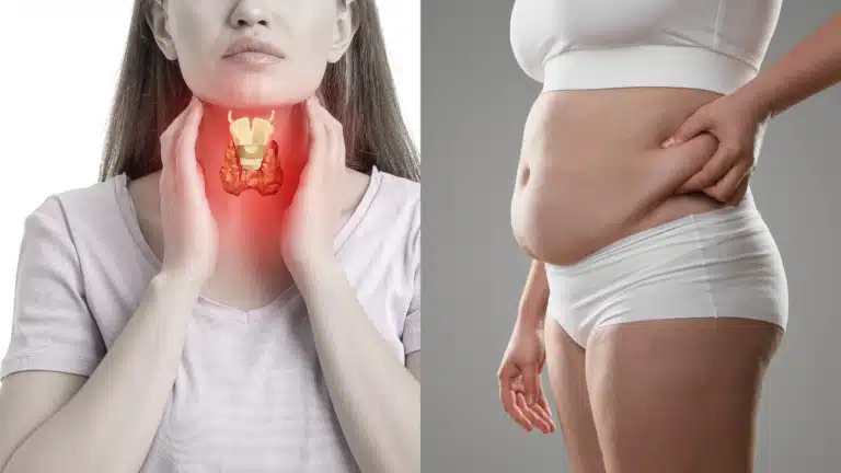 Split image: Left side shows a woman touching her throat with an illustration of the thyroid gland highlighted; right side shows a woman pinching her abdominal fat, illustrating how underactive thyroid weight gain affects the body. in Portland Maine