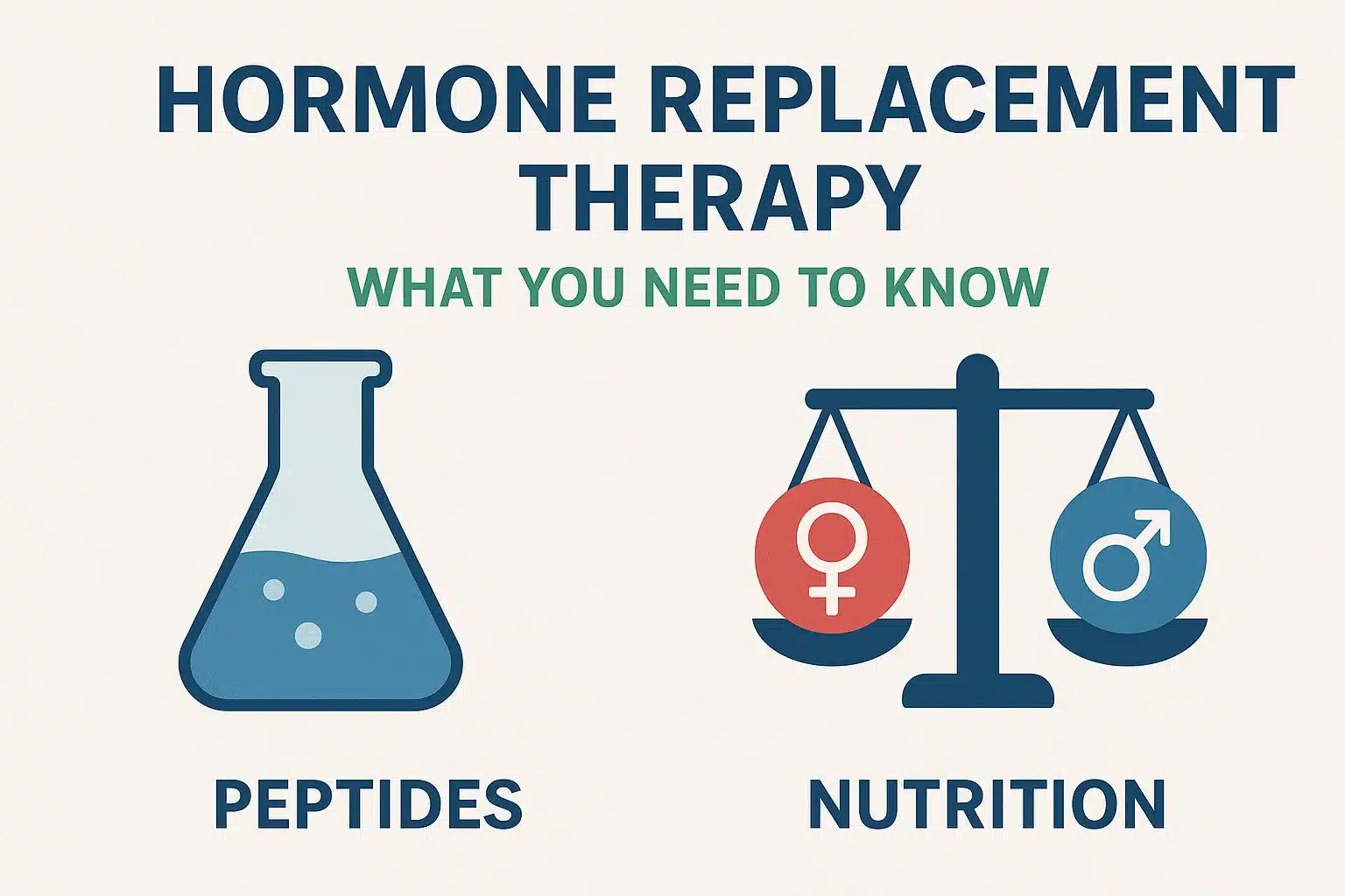 Infographic titled "Hormone Replacement Therapy: What You Need to Know" with icons representing peptides (flask) and nutrition (scales with male and female symbols), highlighting HRT for hormone imbalance and hormone optimization. in Portland Maine