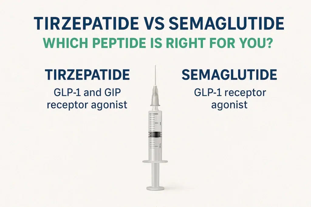 Chart compares tirzepatide (GLP-1 and GIP receptor agonist) and semaglutide (GLP-1 receptor agonist), highlighting tirzepatide administration, with an image of a syringe in the center. in Portland Maine