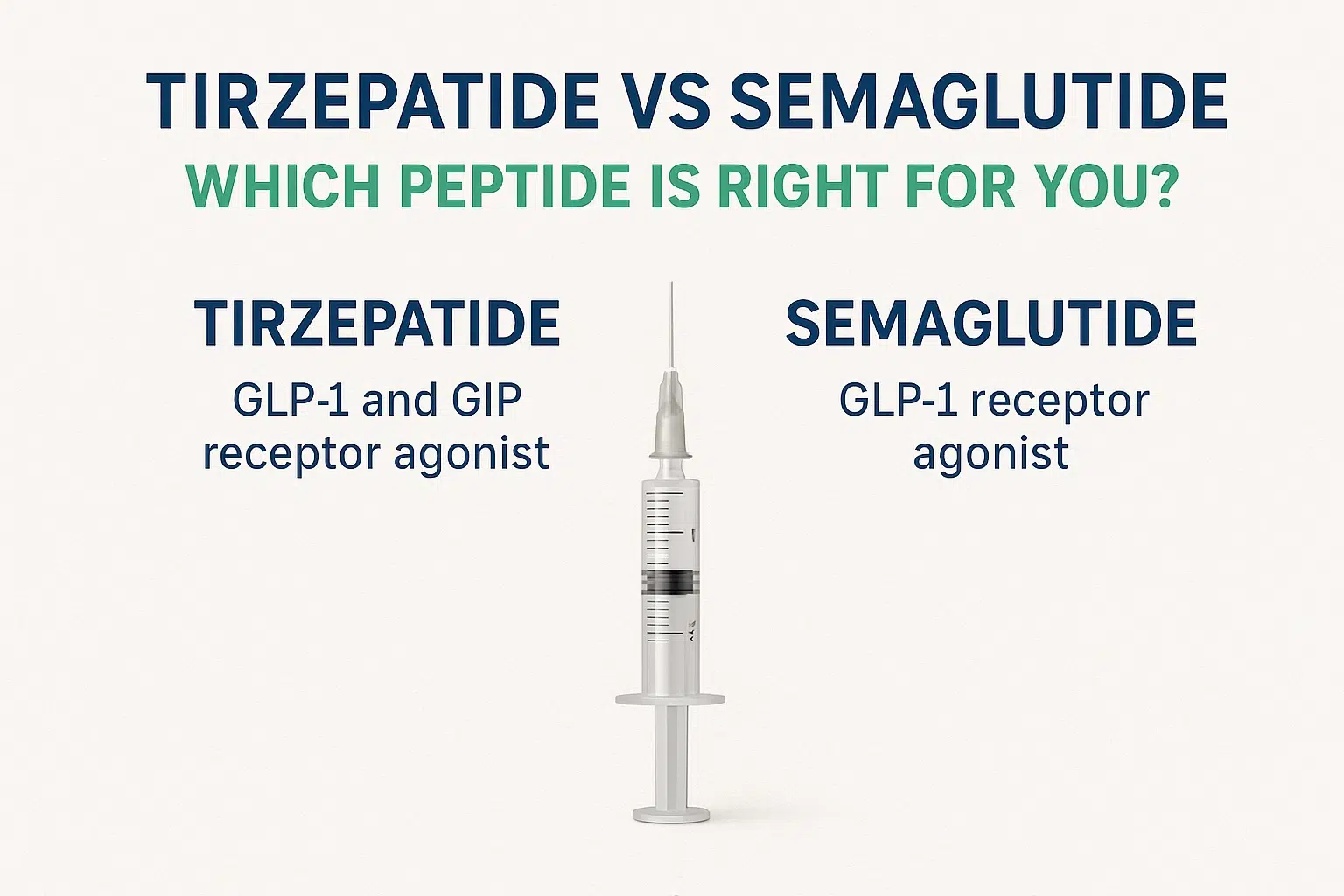 Chart compares tirzepatide (GLP-1 and GIP receptor agonist) and semaglutide (GLP-1 receptor agonist), highlighting tirzepatide administration, with an image of a syringe in the center. in Portland Maine