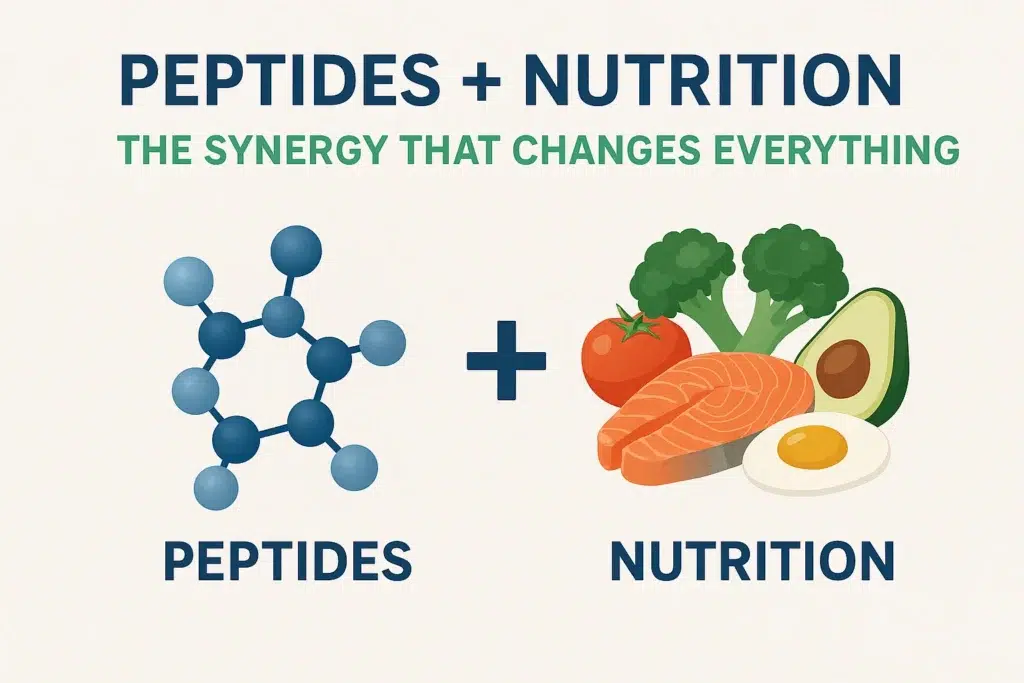 Illustration showing a molecule labeled "Peptides" and various foods labeled "Nutrition" with the text: "Peptide therapy + Nutrition: The synergy that changes everything. in Portland Maine