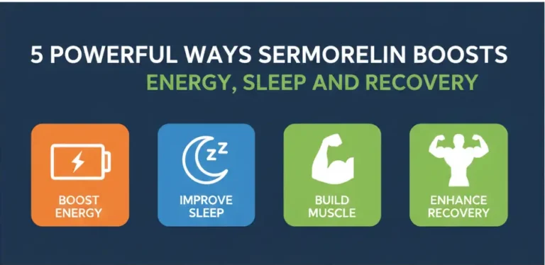 Graphic highlights Sermorelin’s benefits: increased energy, improved sleep, enhanced muscle building, and faster recovery—each paired with a distinct icon.
