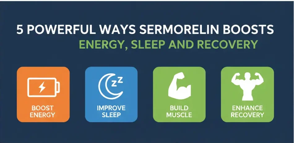 Graphic highlights Sermorelin’s benefits: increased energy, improved sleep, enhanced muscle building, and faster recovery—each paired with a distinct icon.