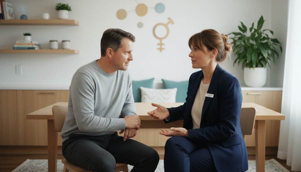 A man and a woman sit facing each other in a modern office, engaged in a serious conversation about hormone replacement therapy. The background features minimalist decor and a gender symbol on the wall. in Portland Maine