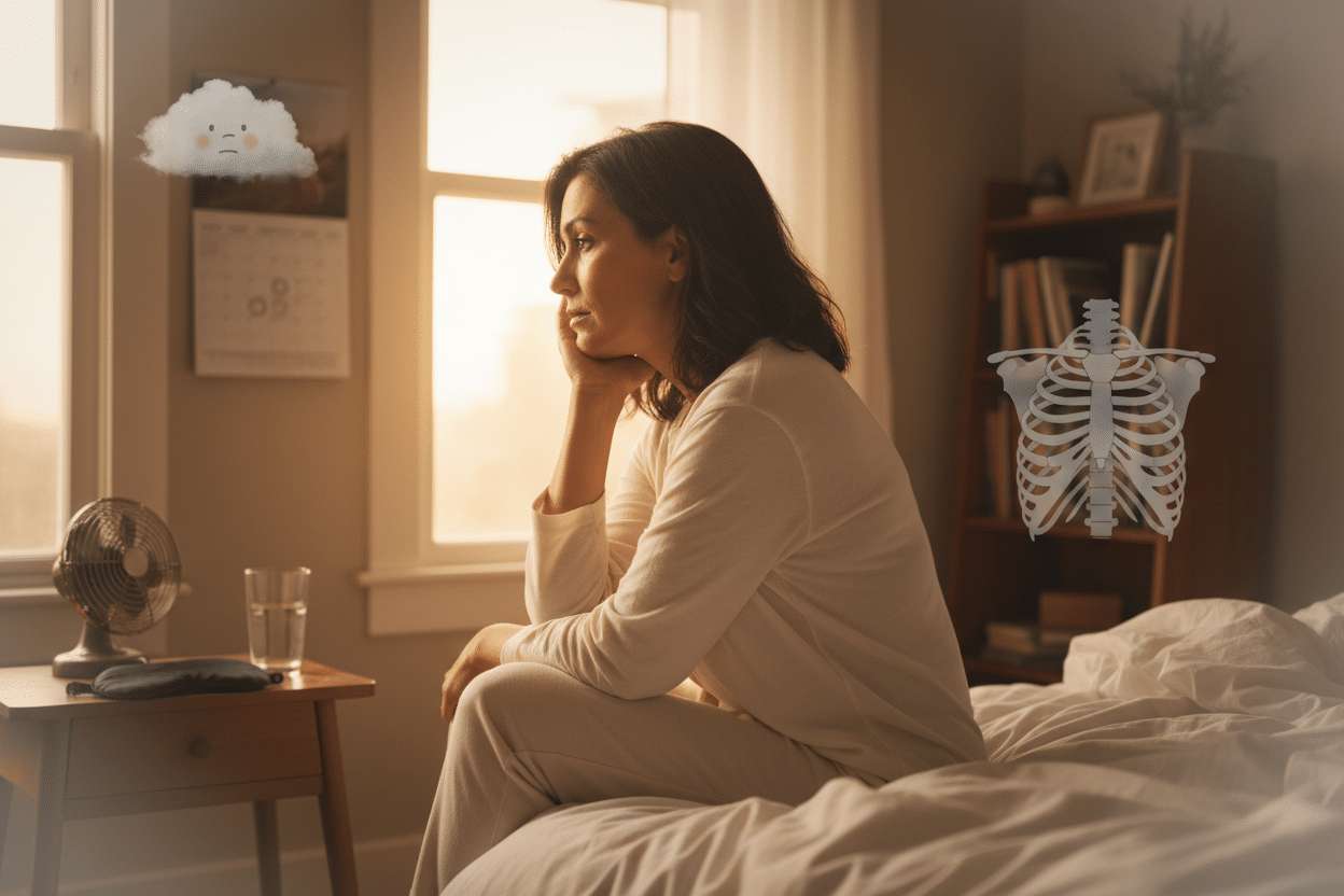 A woman sits on a bed in a softly lit room, looking pensive. Illustrations of a sad cloud and ribcage are superimposed near her, hinting at the signs of hormone imbalance and the possible need for hormone therapy. in Portland Maine