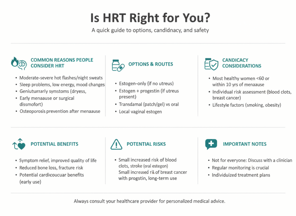 An infographic titled "Is HRT Right for You?" outlines reasons for hormone replacement therapy, available options, candidacy, the pros and cons, potential benefits and risks, plus key notes for those considering HRT. in Portland Maine