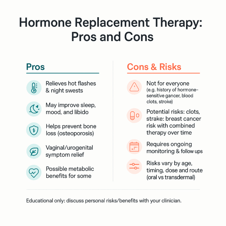 Infographic listing the pros and cons of HRT, including symptom relief and bone health versus risks like cancer and blood clots; recommends individualized medical advice on hormone replacement therapy. in Portland Maine