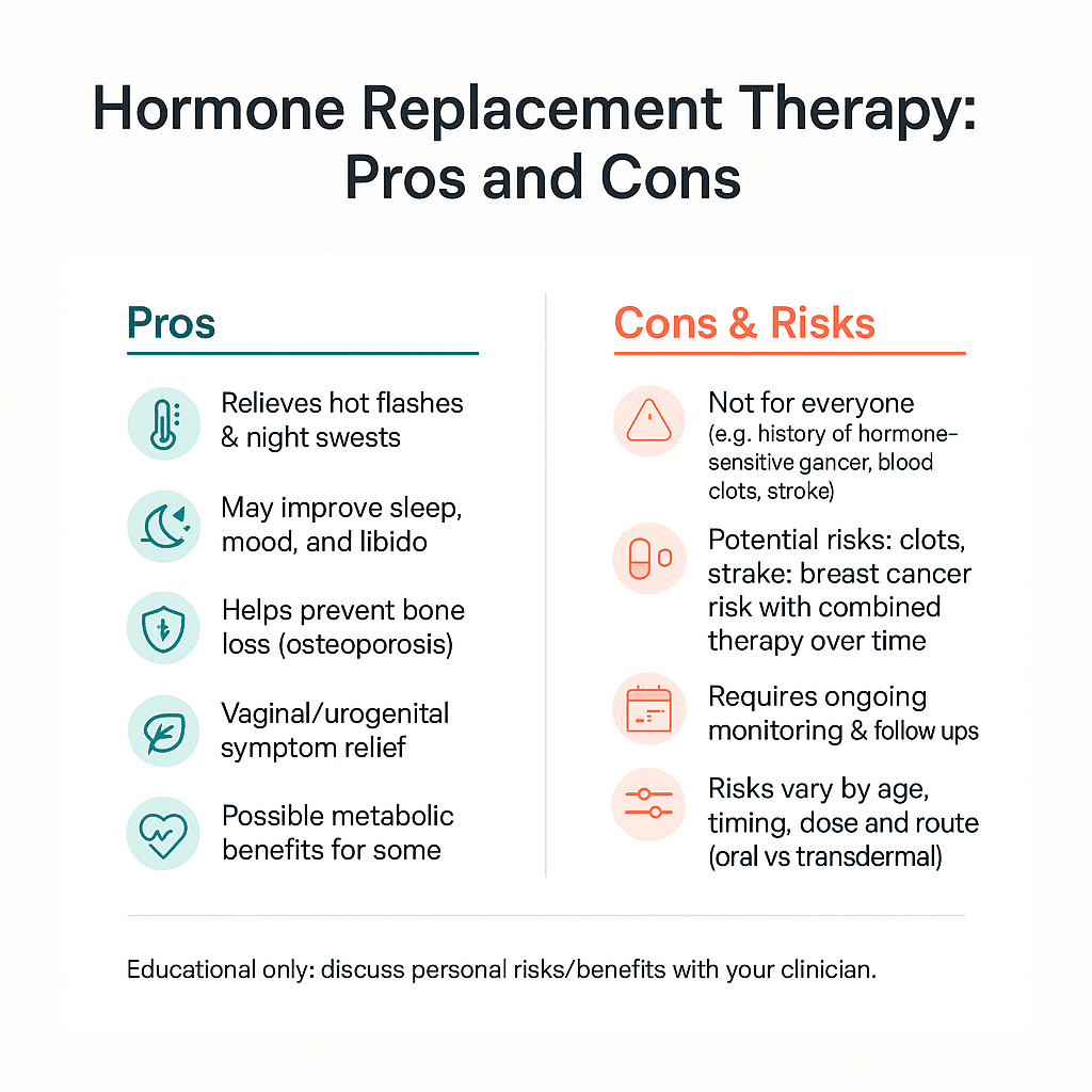 Infographic listing the pros and cons of HRT, including symptom relief and bone health versus risks like cancer and blood clots; recommends individualized medical advice on hormone replacement therapy. in Portland Maine