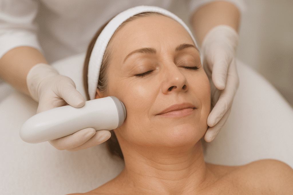 A woman with closed eyes receives an Integrative Facial Rejuvenation treatment from a professional wearing gloves, helping her feel confident in her skin.