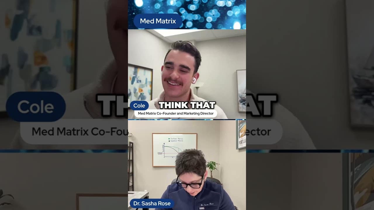 Two people appear in a split-screen video call. The top participant is smiling, while the bottom participant is looking down and writing. Text labels identify them as Cole and Dr. Sasha Rose, who is discussing gut health and its impact on mood.