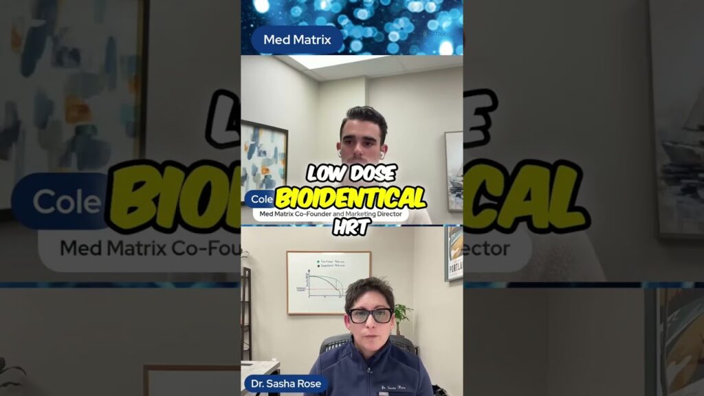 A split-screen video call shows two professionals discussing "Low Dose Bioidentical HRT," with text and title banners displaying their names and credentials.