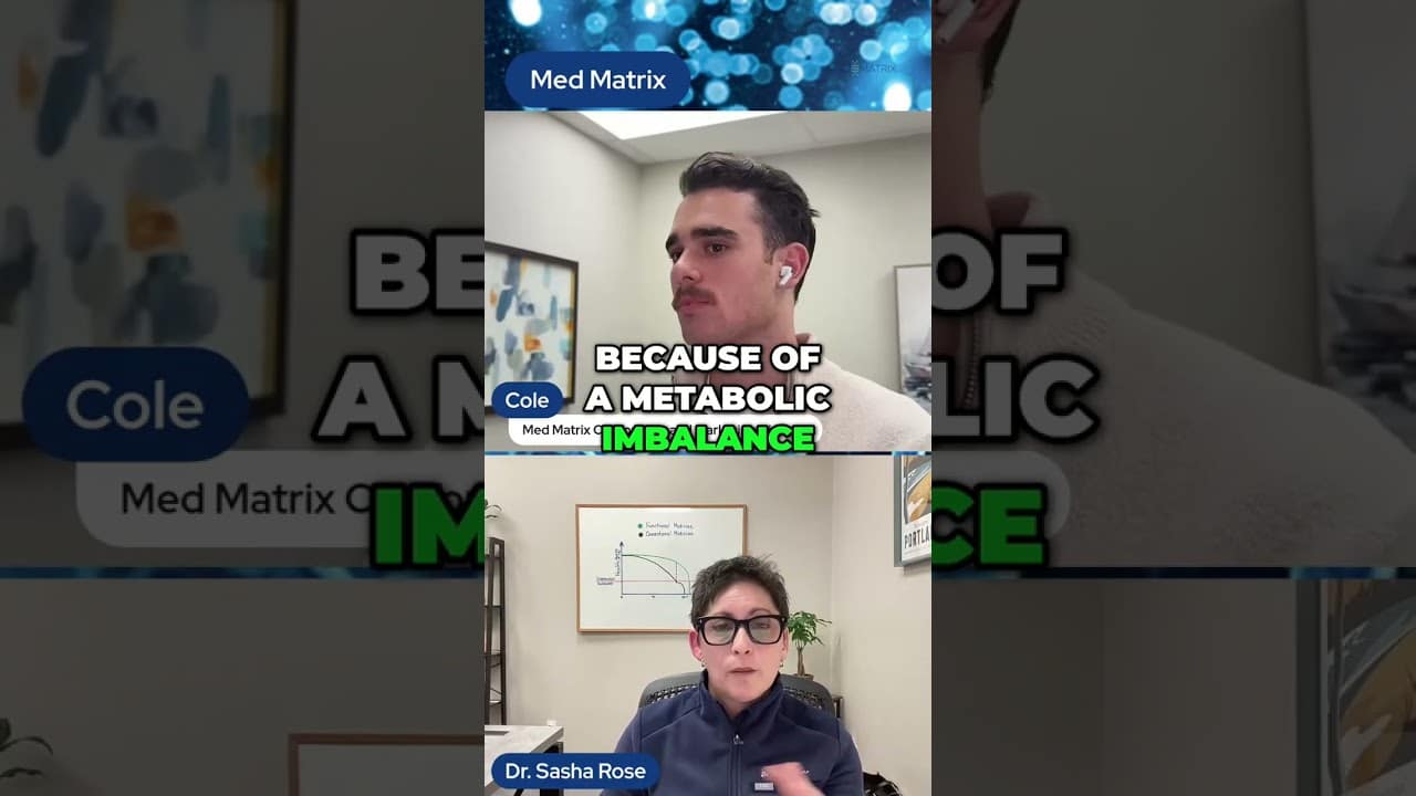 A man with earbuds speaks in a video call with a woman, identified as Dr. Sasha Rose. Text on screen reads, "Because of a metabolic imbalance," highlighting underlying issues that may impact mental health.