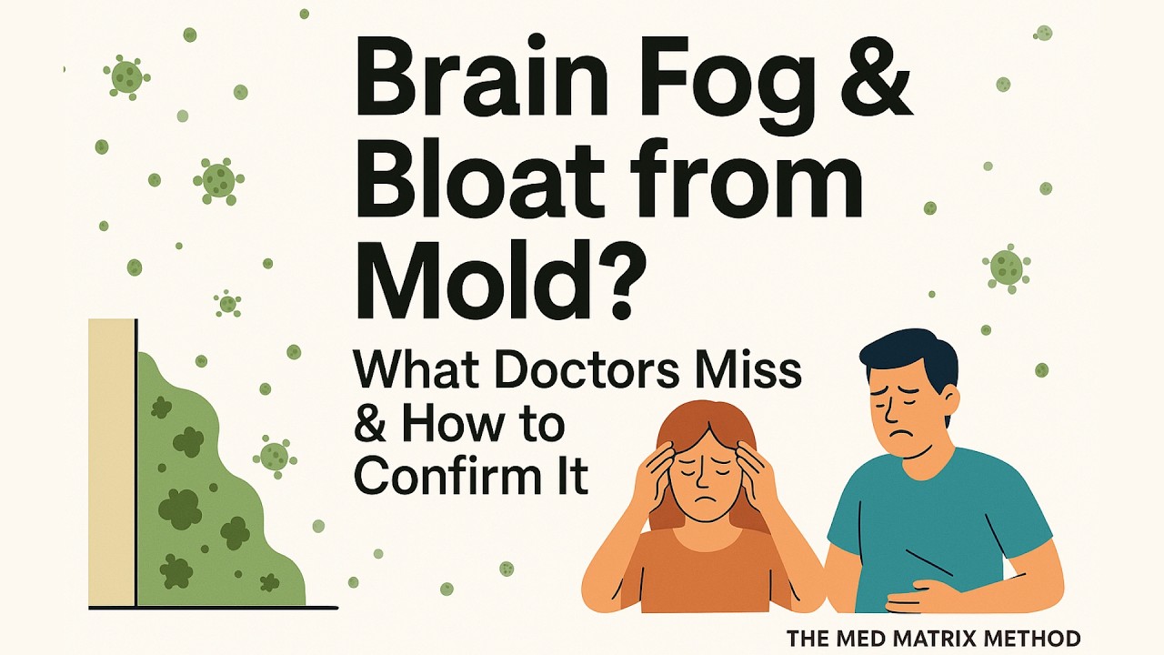 A graphic showing a moldy wall, a sick woman holding her head, and a man holding his stomach, with text about brain fog, bloating, and real symptoms of mold poisoning—even when normal labs appear.